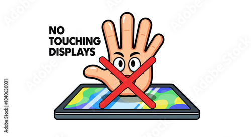 Cartoon Warning Sign: Keep Hands Off Touchscreens, Prevent Unwanted Interactions