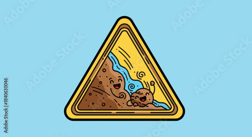 Cartoon Warning Sign Of Soil Erosion With Friendly Earth And Water Elements