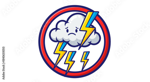 Cartoon Weather Icon Depicting a Dramatic, Tempestuous Thunderstorm, No Entry Sign