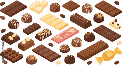 Flat isometric illustration of assorted chocolate candies and bars, sweet dessert treats, confectionery collection, cocoa products, delicious food background design