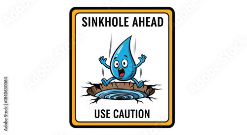Cartoon Water Droplet Falling Into a Sinkhole: A Cautionary and Funny Illustration