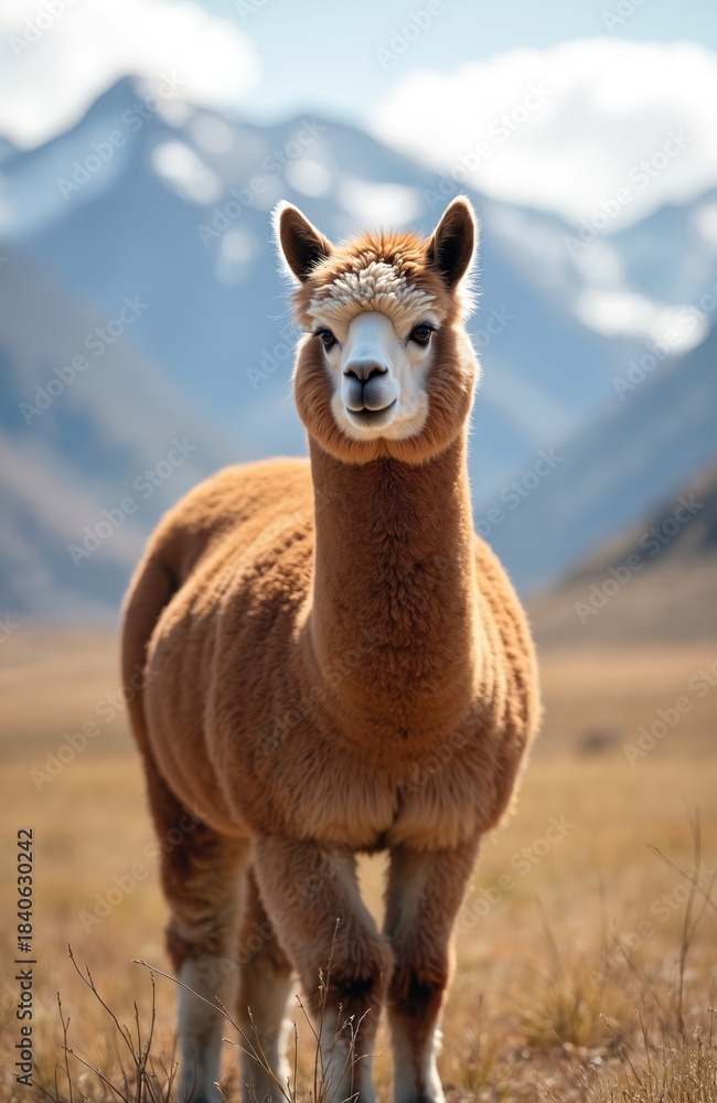 Fototapeta premium A gentle brown alpaca with white face markings stands in a dry grassy field. Majestic mountains form a backdrop under a clear blue sky. This South American camelid displays its soft fleece.