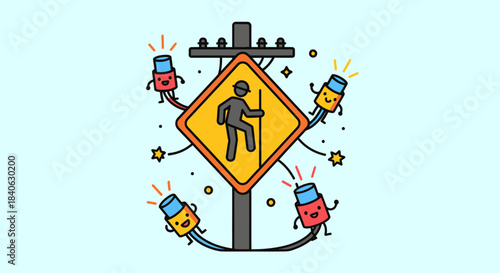 Cartoonish Depiction Of Utility Pole With Warning Sign And Electrical Cables