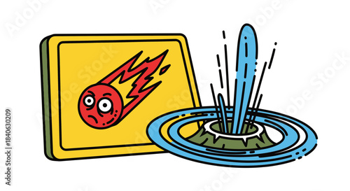 Cartoonish Disaster Warning and Eruption Symbolizing Potential Cataclysmic Events