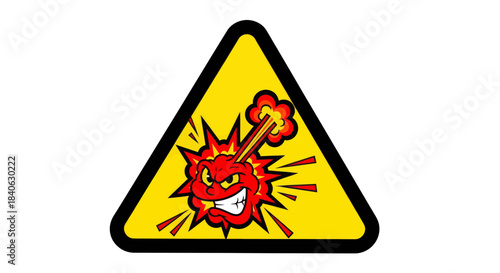Cartoonish Exploding Head Warning Symbol With Angry Expression on a Yellow Triangle