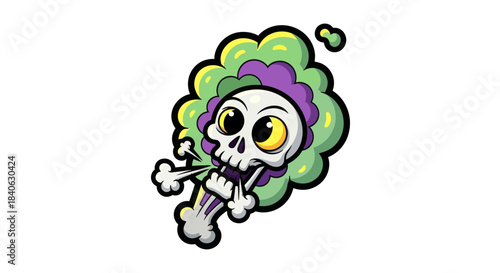Cartoonish Skull with Fumes and Bones Vector Illustration on Isolated White Background