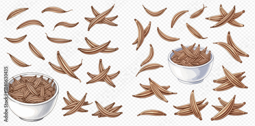 Set of carob pods in various arrangements, including a bowl, isolated on a transparent background.