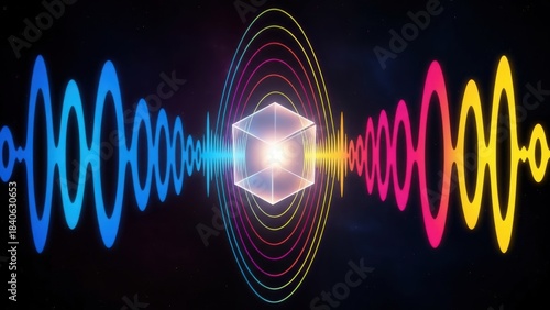 Abstract cube radiating vibrant energy waves, symbolizing data transmission and connection.