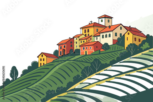 Colorful village hillside with bright houses, green terraced fields, and soft atmospheric light, transparent background.