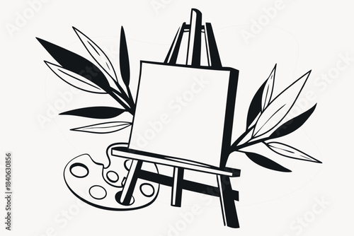 An empty wooden easel stand holds a blank canvas and an artist's palette with brushes Artist palette with brushes on an empty wooden easel with a blank canvas board for art education
