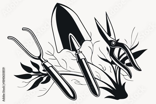 Isolated vector illustration set of sharp metal steel garden tools and objects on white