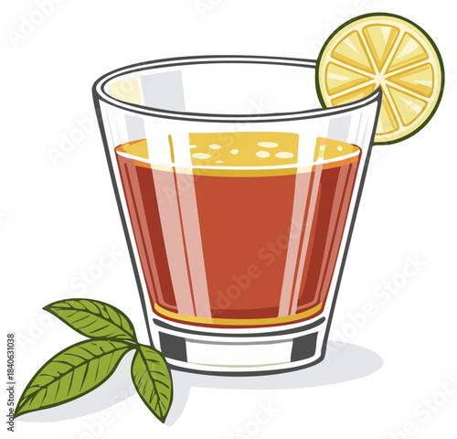 Refreshing iced tea in a clear glass with lemon slice and mint leaves