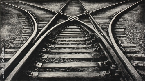 Black and white illustration of converging and diverging railway tracks. Perspective view