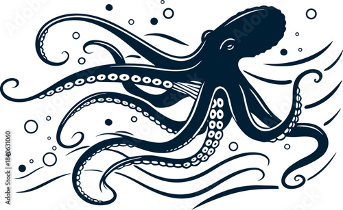 Cartoon vector illustration of sea animals including an octopus and fish with blue water waves and floral decoration design pattern