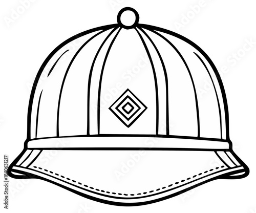 Classic peaked cap with a diamond emblem and detailed stitching line art illustration
