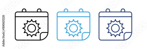Calendar with sun icon. Summer holiday symbol. summer vacation date icon. planning weather icon. vector illustration 