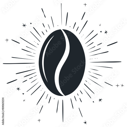 Stylized Coffee Bean Vector Illustration with Rays and Stars