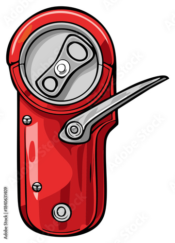 Retro soda can opener with a silver lever and red metallic body