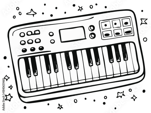 Cartoon-style electronic keyboard, music instrument illustration with stars.