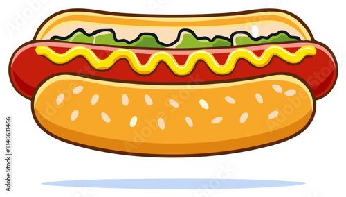 Classic American Hot Dog with Mustard and Relish Cartoon Illustration Fast Food Meal