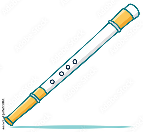 Cute cartoon woodwind instrument recorder with yellow accents illustration