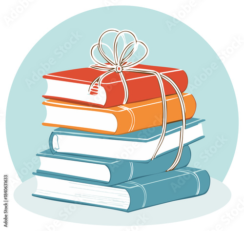 Colorful Stack of Books Tied With Ribbon Gift Illustration on Light Blue Background