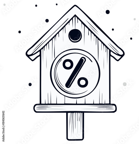 Birdhouse with Percent Sign Symbolizing Mortgage Interest Rates and Real Estate