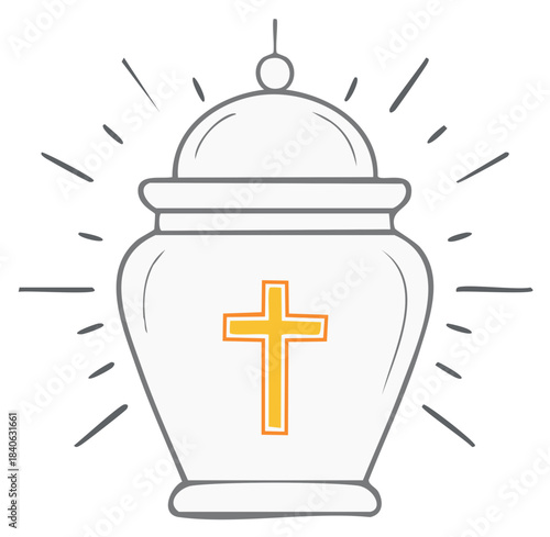 Funeral urn with Christian cross symbol emitting light representing remembrance and hope