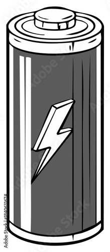 Stylized cylindrical battery with a prominent lightning bolt symbol in bold outline