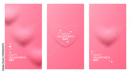 Set of three pink vertical backgrounds with Happy Valentines Day text and decorative hearts. Holiday story template for social media design.