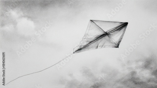 Black and white photograph of a kite, ascending against a cloudy and atmospheric sky
