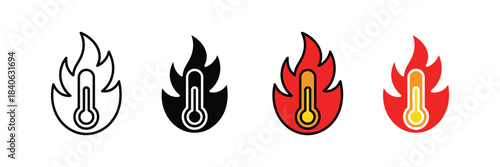 thermometer, flame, fire, heat, temperature, hot, fever, spicy, burn, warm, icon set. vector illustration