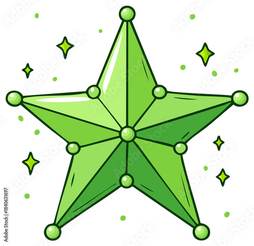 Luminous green five-pointed star adorned with sparkly accents, conveying celestial wonder and festive atmosphere with whimsical allure
