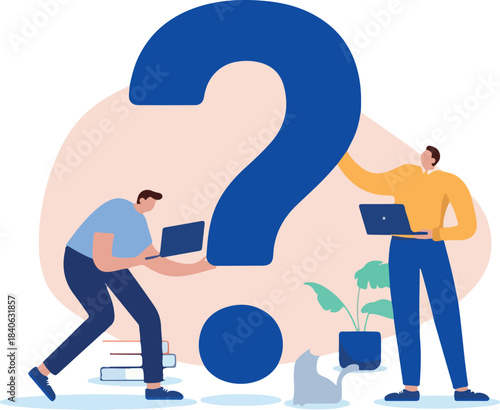 Business unanswered question - Two businesspeople with computer laptops working and looking at big question mark. Flat design vector illustration with white background.
