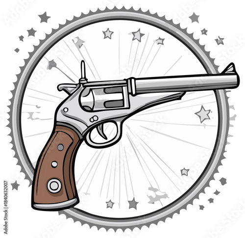 Vintage Revolver Firearm with Starburst and Gear Graphic Element