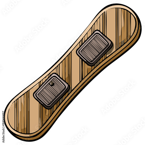 Cartoonish Illustration of Snowboard with Beige Wood Grain and Dark Gray Bindings Detail
