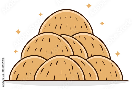 Stylized cartoon illustration of a large pile of golden haystacks with sparkles