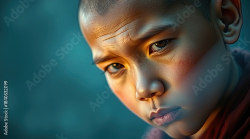 Young Buddhist monk child with shaved head in orange robes, striking eyes gazing forward, artistic portrait with dramatic lighting