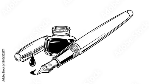 Line art illustration of a fountain pen with ink bottle and dripping ink drops