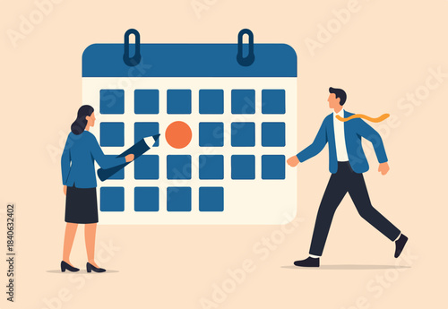 Calendar plan or office appointment, meeting agenda, professional project timeline, planner or schedule, event reminder, date or deadline concept, business people employee on schedule calendar.