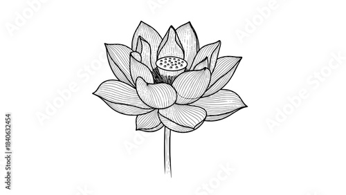 Line art lotus flower with seed pod — detailed botanical vector illustration