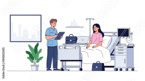 Doctor consulting with patient at desk in modern flat clinic setting. Clean vector illustration for healthcare, diagnosis, medical advice, and professional services