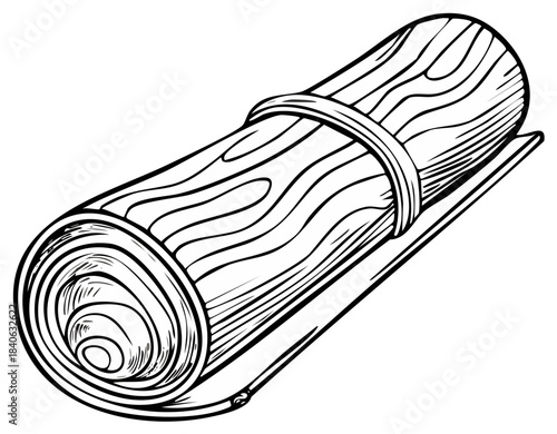 Hand drawn sketch of a rolled up wooden sleeping mat secured with a strap
