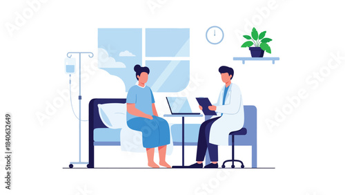 Doctor consulting with patient at desk in modern flat clinic setting. Clean vector illustration for healthcare, diagnosis, medical advice, and professional services