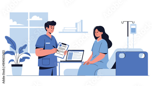 Doctor consulting with patient at desk in modern flat clinic setting. Clean vector illustration for healthcare, diagnosis, medical advice, and professional services