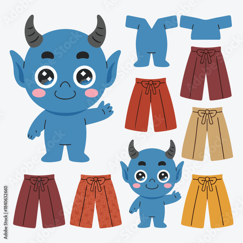 Kawaii Blue Oni Demon Character with Traditional Hakama Pants and Kimono Outfit Set