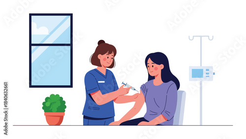Nurse giving injection to patient in a clean medical room. Modern flat vector illustration for vaccination, immunization, and healthcare materials