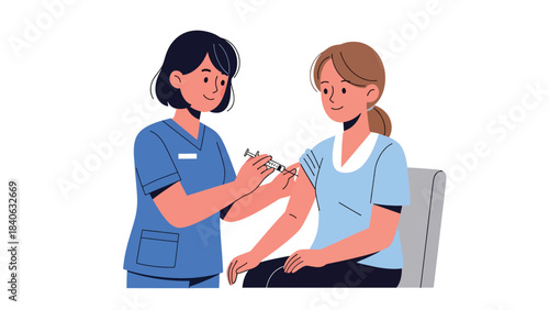 Nurse giving injection to patient in a clean medical room. Modern flat vector illustration for vaccination, immunization, and healthcare materials