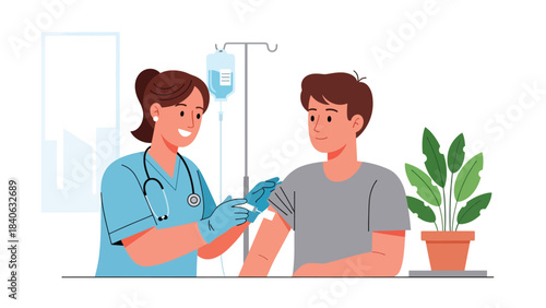 Nurse giving injection to patient in a clean medical room. Modern flat vector illustration for vaccination, immunization, and healthcare materials