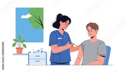 Nurse giving injection to patient in a clean medical room. Modern flat vector illustration for vaccination, immunization, and healthcare materials